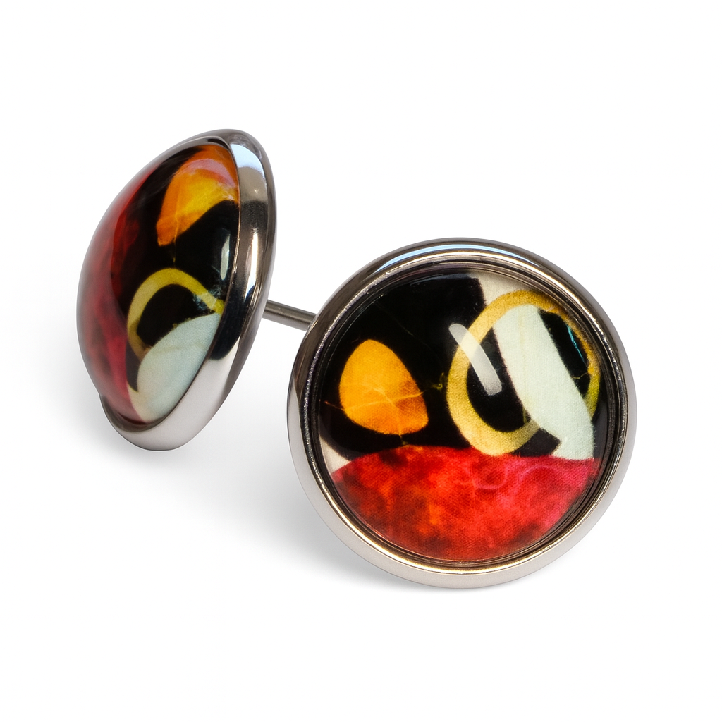 Geometric Glass Cabochon Stud Earrings 12mm | Colourful Artwork Design Silver Plated Style 7