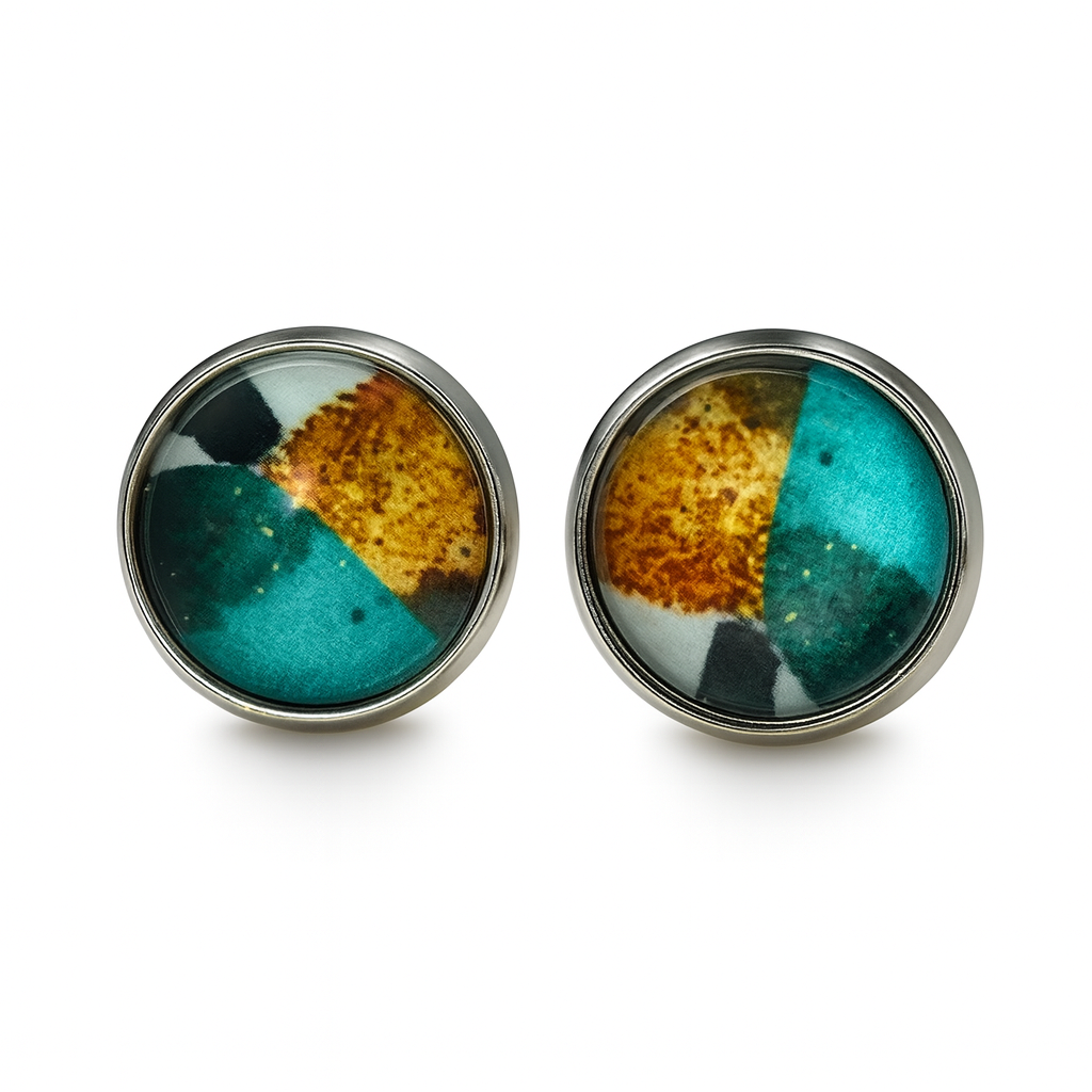 Geometric Glass Cabochon Stud Earrings 12mm | Colourful Artwork Design Silver Plated