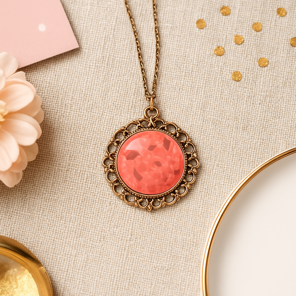 Coral Pink Glitter Dome Pendant Necklace – Rose Gold Filigree with Chain