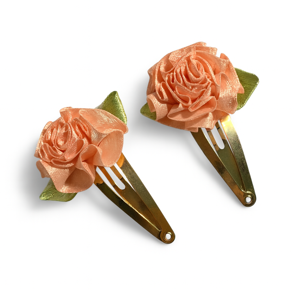 Flower Hair Clips Set of 2 | 25mm Ribbon Rose on Gold or Silver Snap Clips
