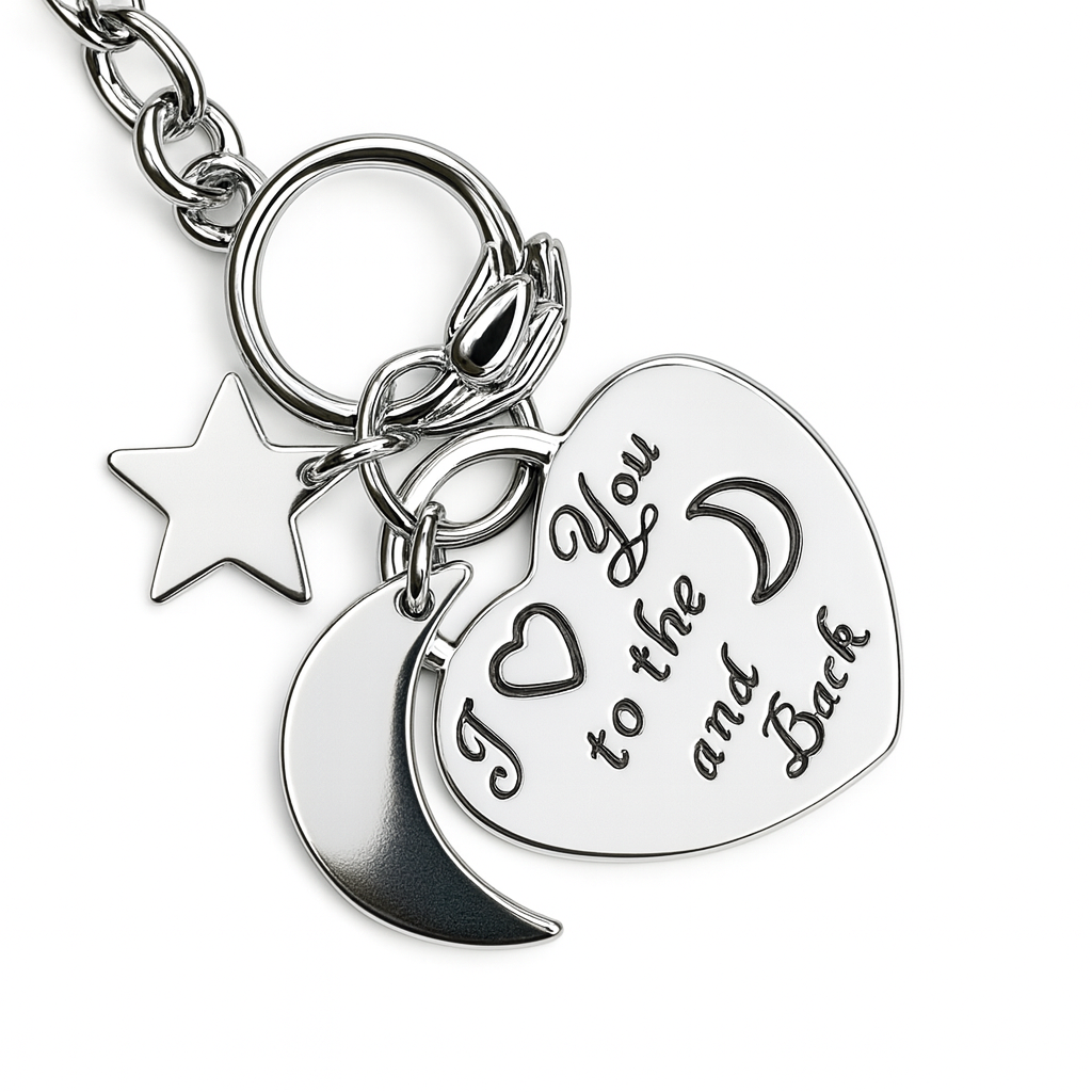 “I Love You to the Moon and Back” Silver Bracelet – Heart, Moon & Star Charms