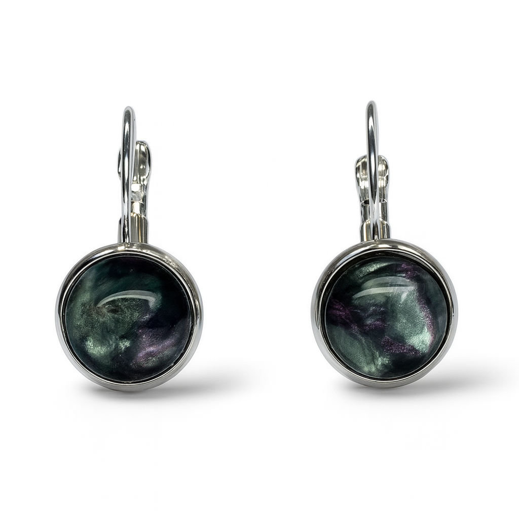 Handmade Iridescent Resin Drop Earrings – Cosmic Black with Green & Silver Shimmer