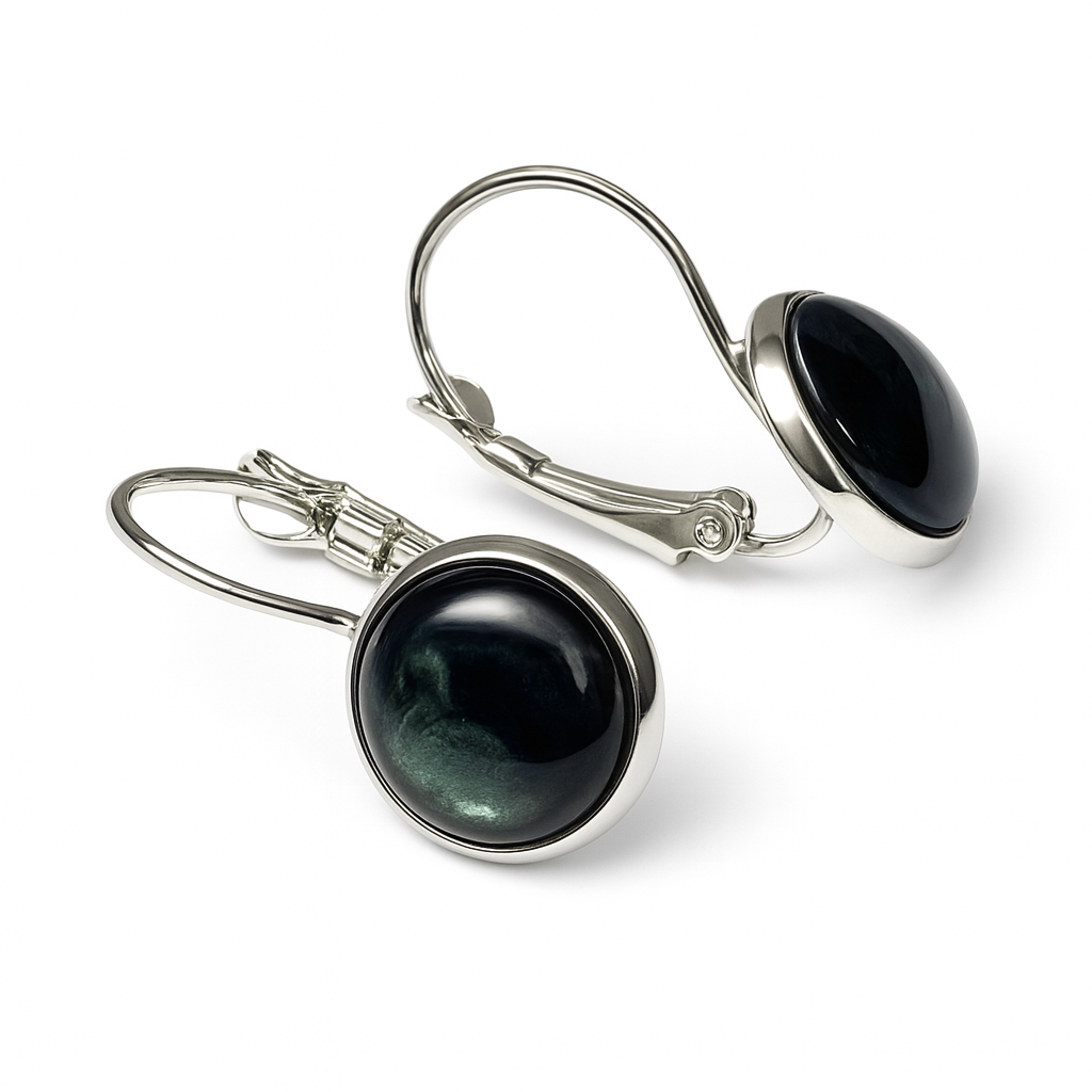 Handmade Iridescent Resin Drop Earrings – Cosmic Black with Green & Silver Shimmer