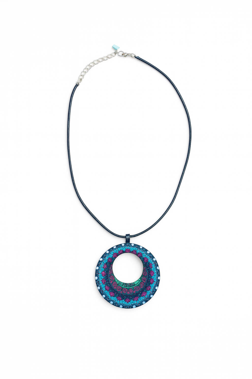 Boho Wooden Pendant Necklace – Printed Design with Black Nylon Chain