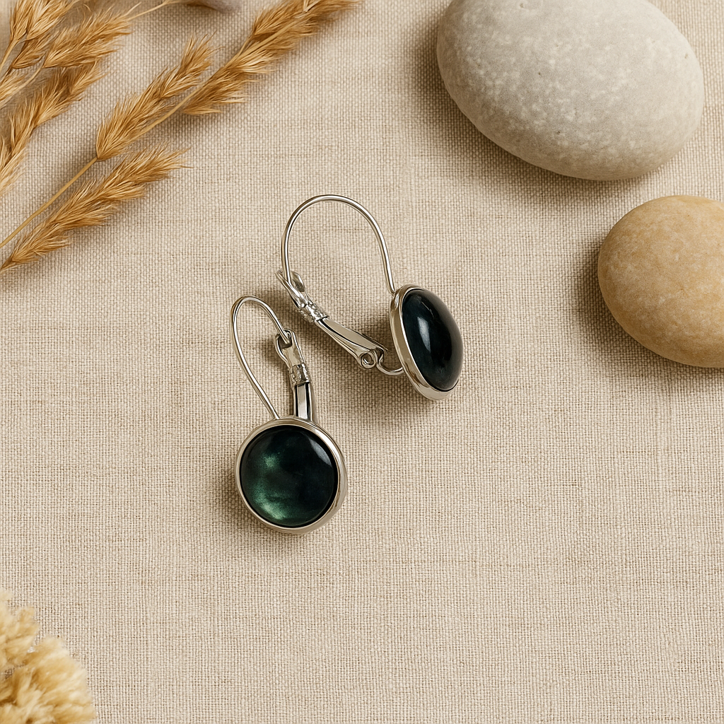 Handmade Iridescent Resin Drop Earrings – Cosmic Black with Green & Silver Shimmer