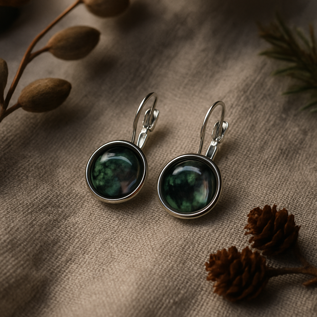 Handmade Iridescent Resin Drop Earrings – Cosmic Black with Green & Silver Shimmer