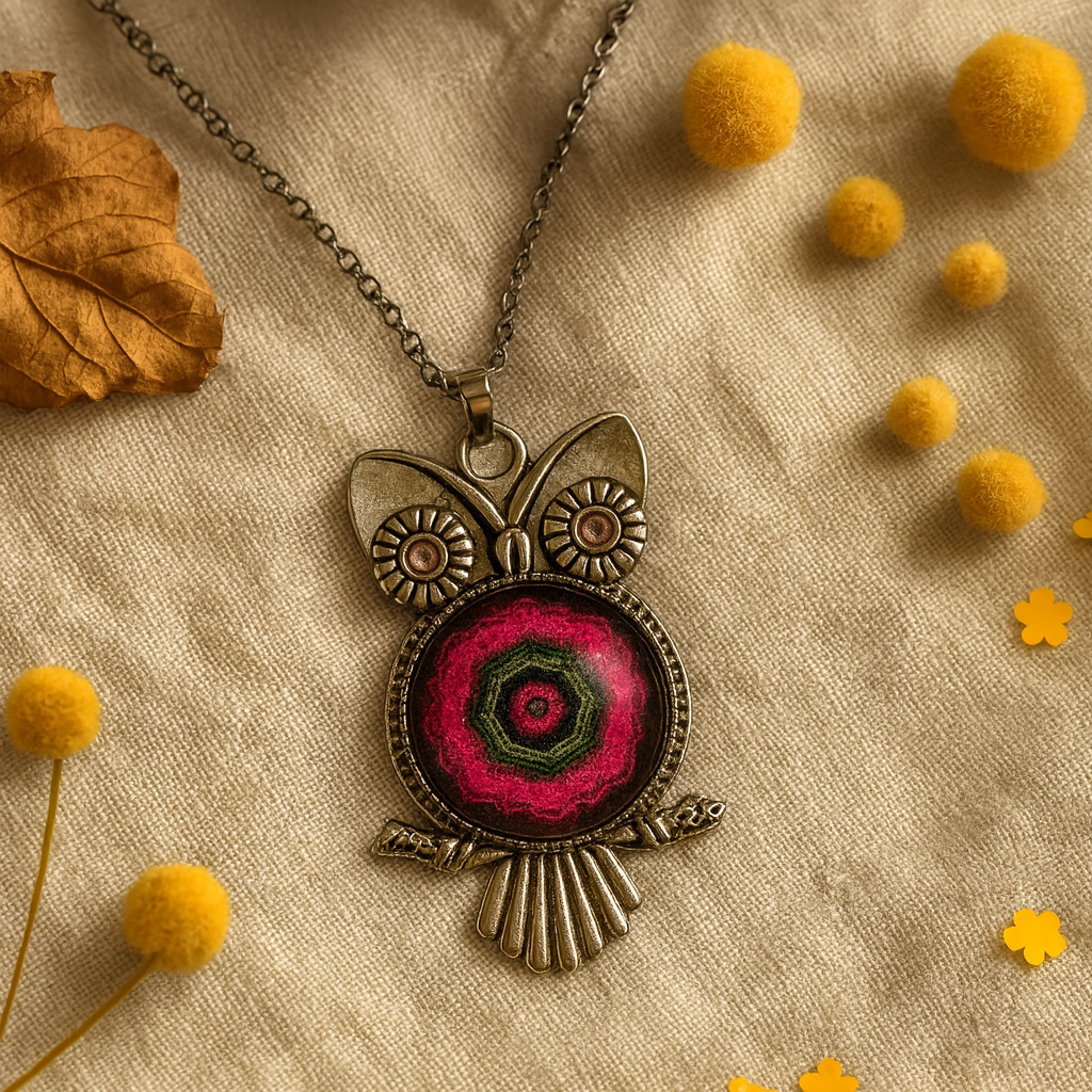 Owl Necklace – Antique Silver Rhodium Plated Pendant with Glass Dome & Rhinestone Eyes
