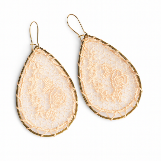 Pink Lace Flower Teardrop Earrings, Handmade Woven Gold Drops