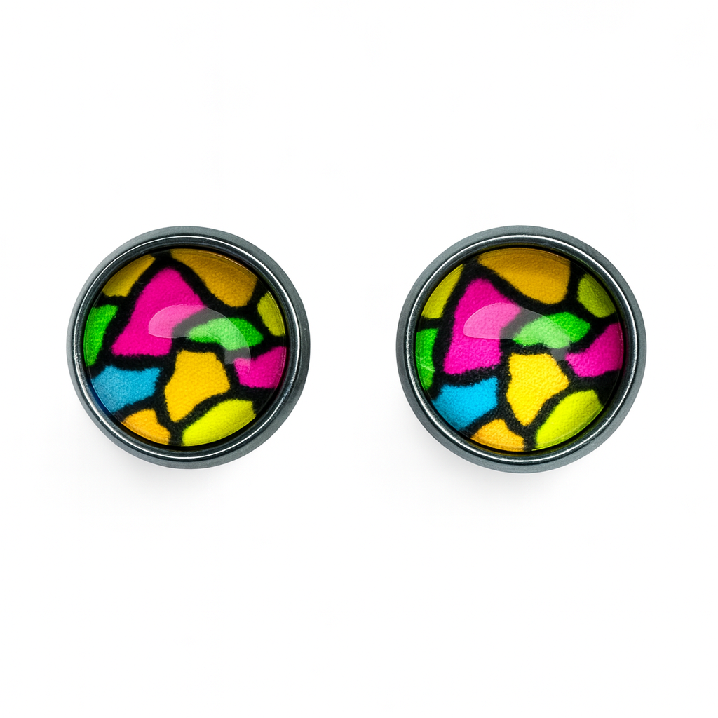 Colourful Stained Glass Style Stud Earrings – Vibrant Rainbow Pattern, Stainless Steel