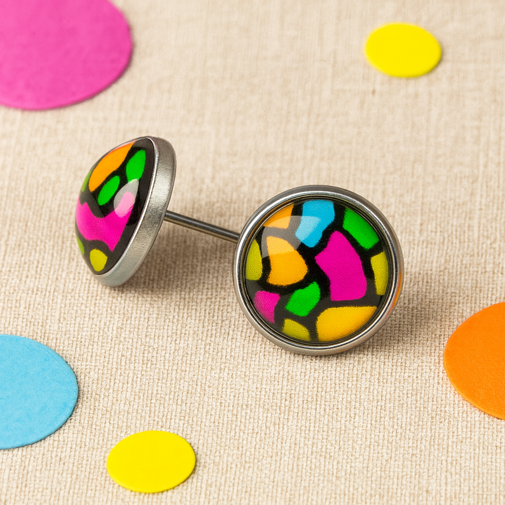 Colourful Stained Glass Style Stud Earrings – Vibrant Rainbow Pattern, Stainless Steel