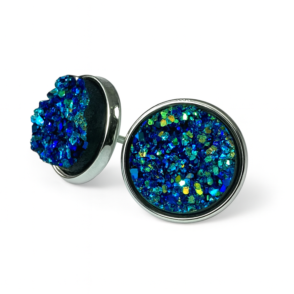 Sparkly Druzy Silver Stud Earrings Lightweight Resin, Multiple Colours