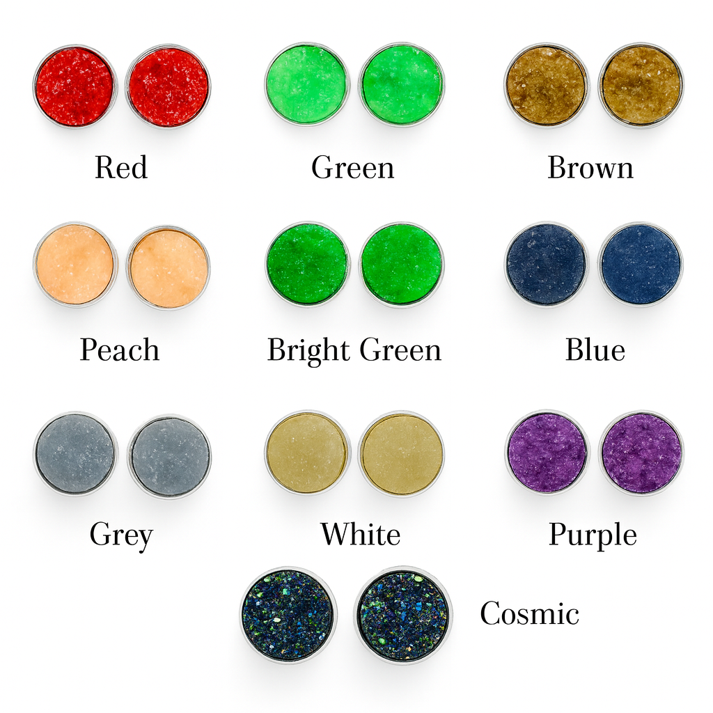 Sparkly Druzy Silver Stud Earrings Lightweight Resin, Multiple Colours
