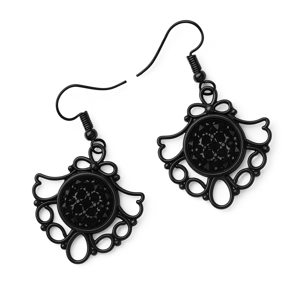 Black Filigree Dangle Earrings – Sparkly Centre, Lightweight Drop