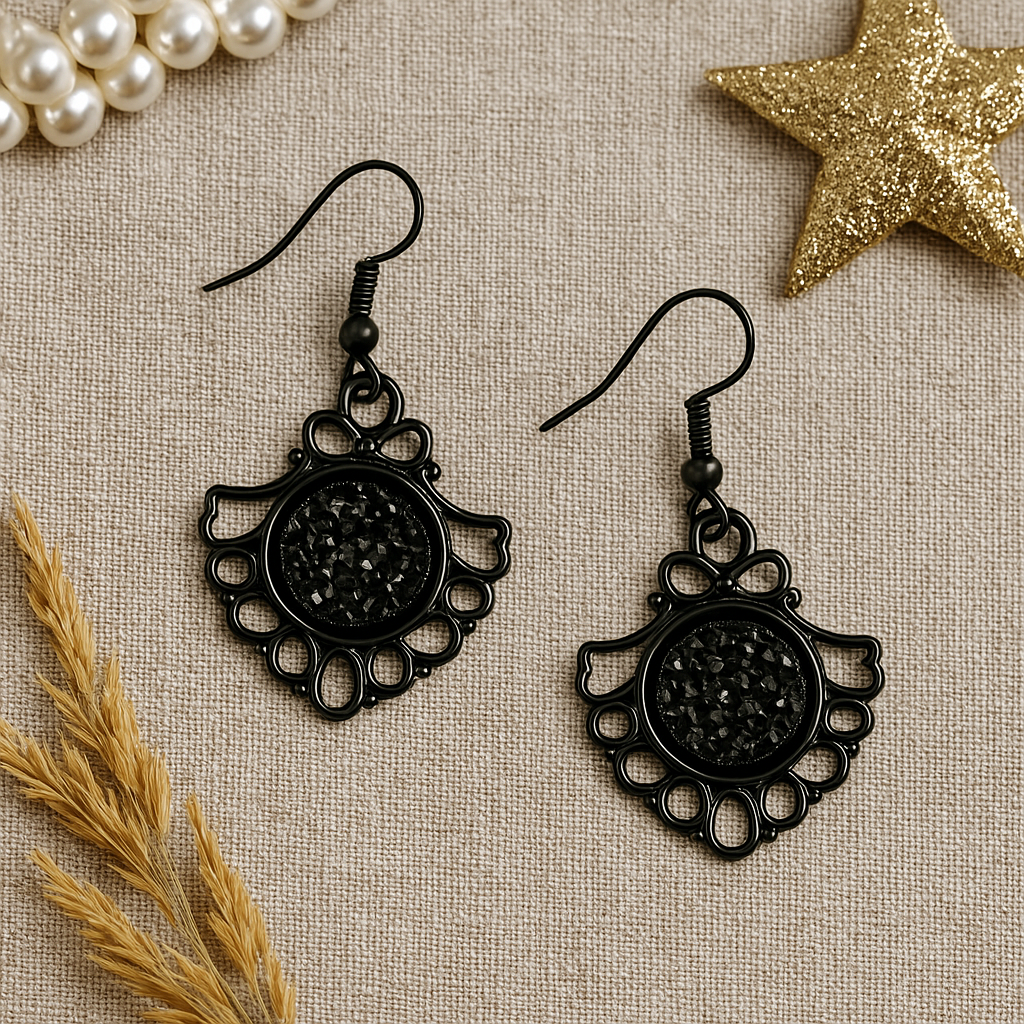 Black Filigree Dangle Earrings – Sparkly Centre, Lightweight Drop