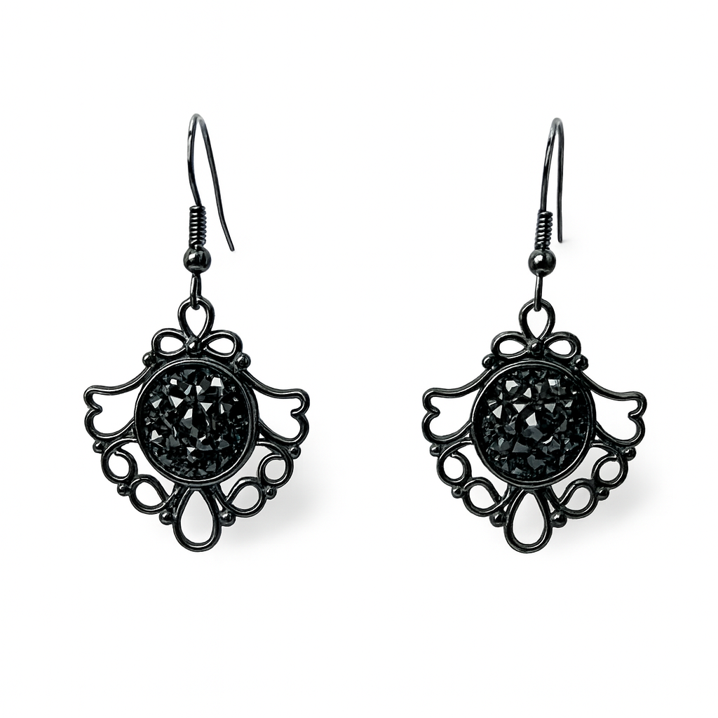 Black Filigree Dangle Earrings – Sparkly Centre, Lightweight Drop