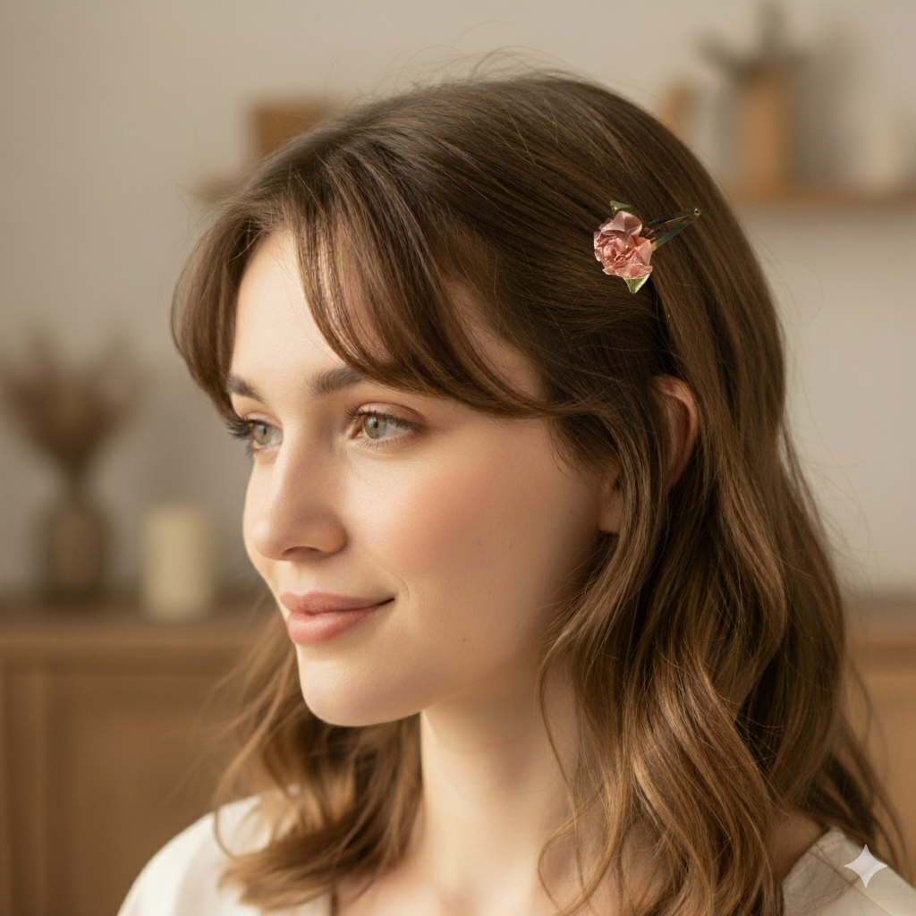 Flower Hair Clips Set of 2 | 25mm Ribbon Rose on Gold or Silver Snap Clips