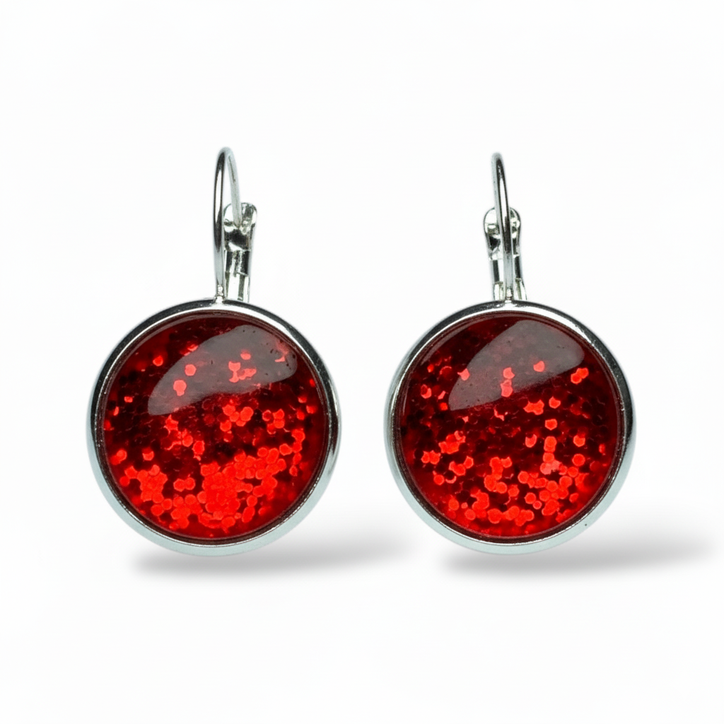 Glitter Resin Drop Earrings Silver Plated | Handmade Statement Jewellery Red