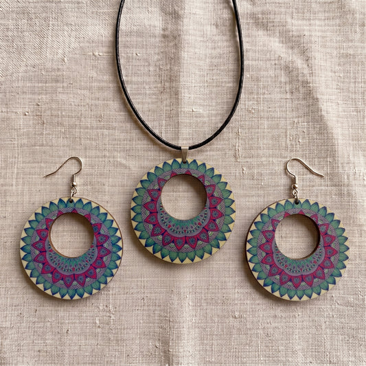 Boho Wooden Necklace & Earrings Set – Style 7, Handmade Matching Printed Wood Jewellery