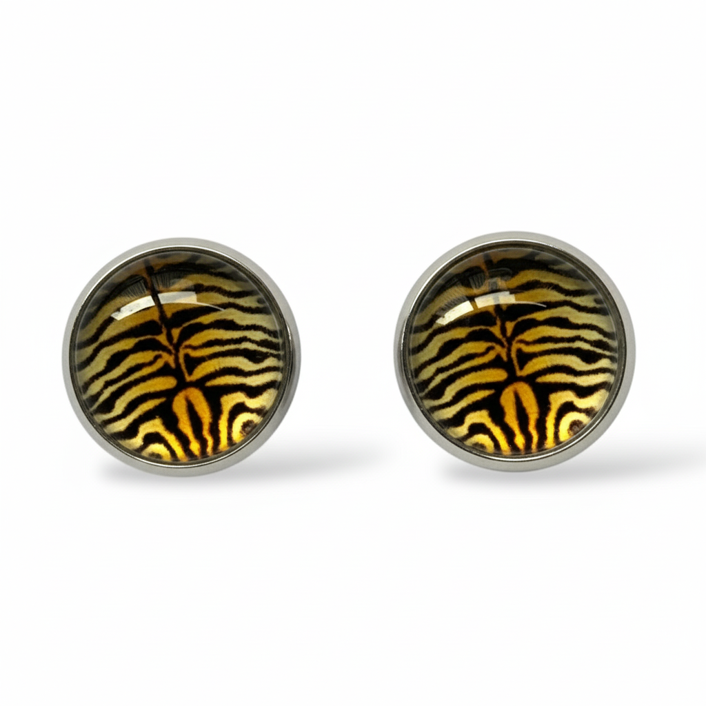Animal Print Stud Earrings – Rhodium Plated Silver Colour, Everyday Jewellery Tiger