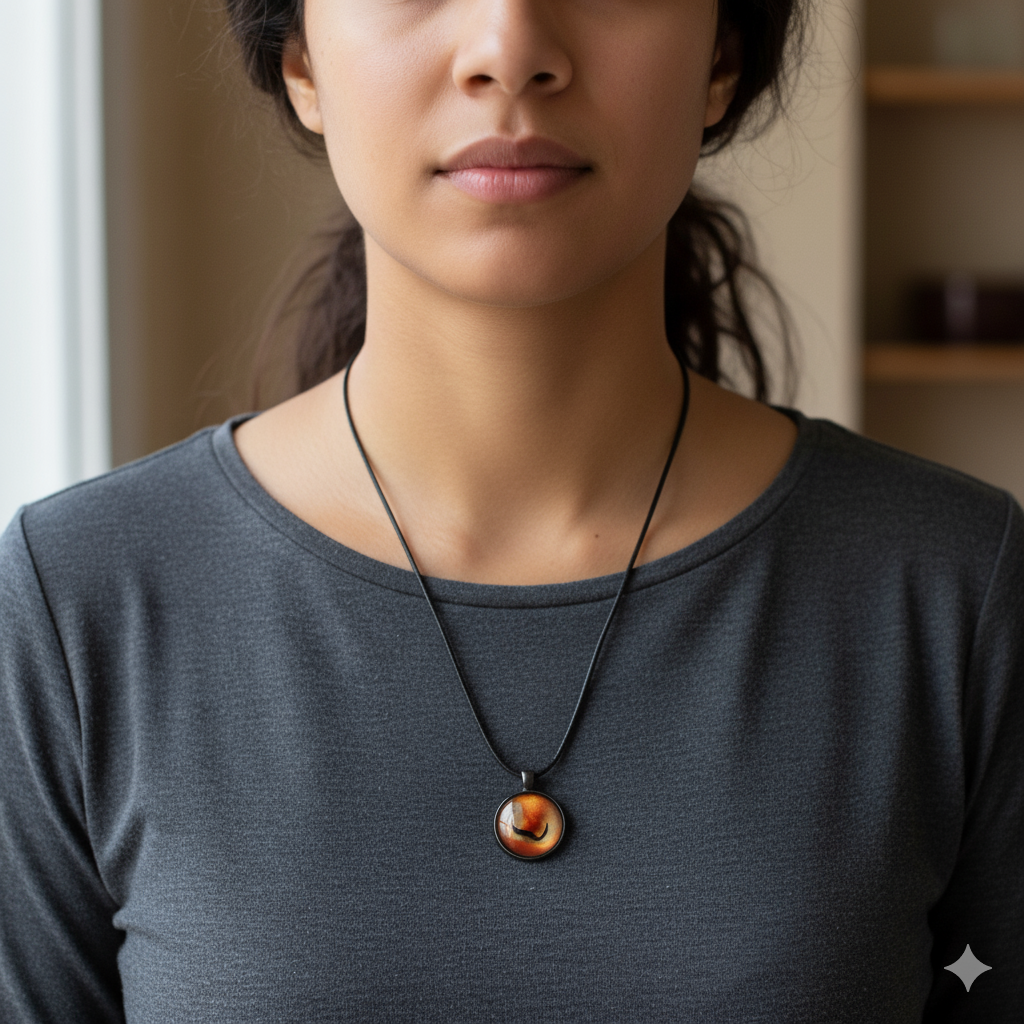 Brown Marble Stone Look Twirl Necklace – 20mm Cabochon Pendant on Black Rope Chain