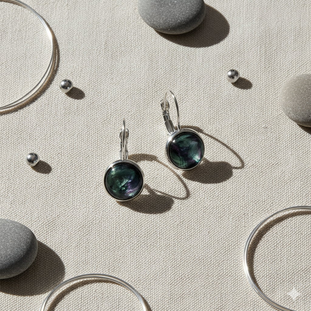 Handmade Iridescent Resin Drop Earrings – Cosmic Black with Green & Silver Shimmer