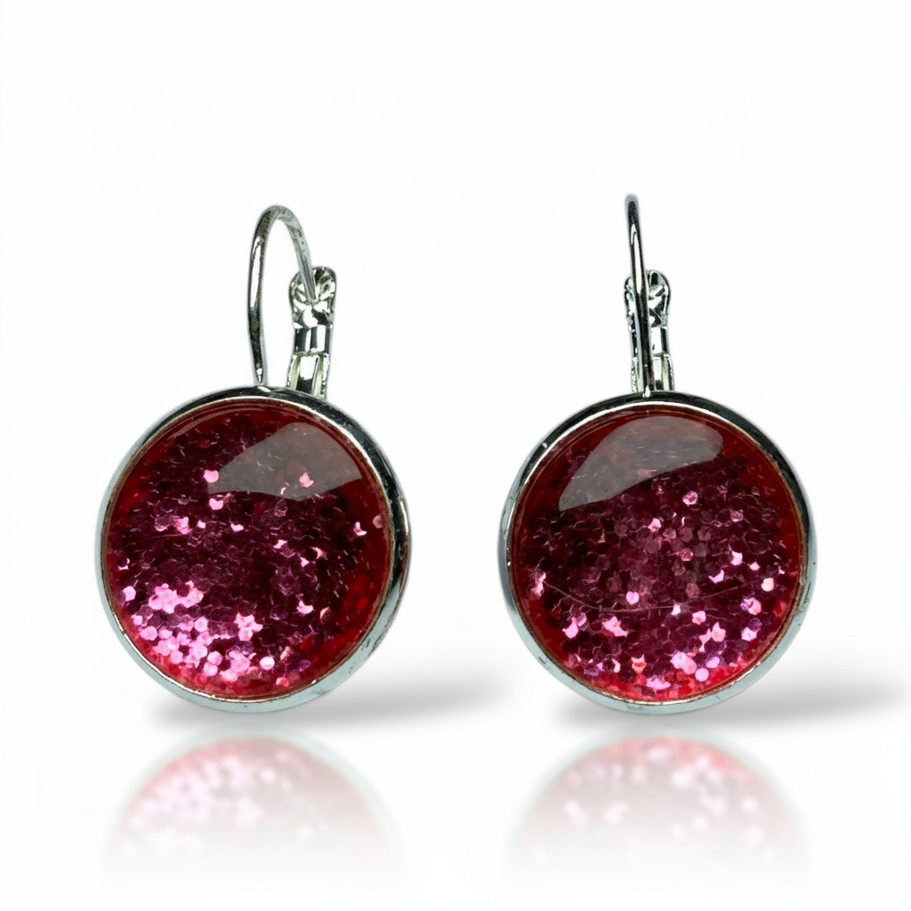 Glitter Resin Drop Earrings Silver Plated | Handmade Statement Jewellery Pink