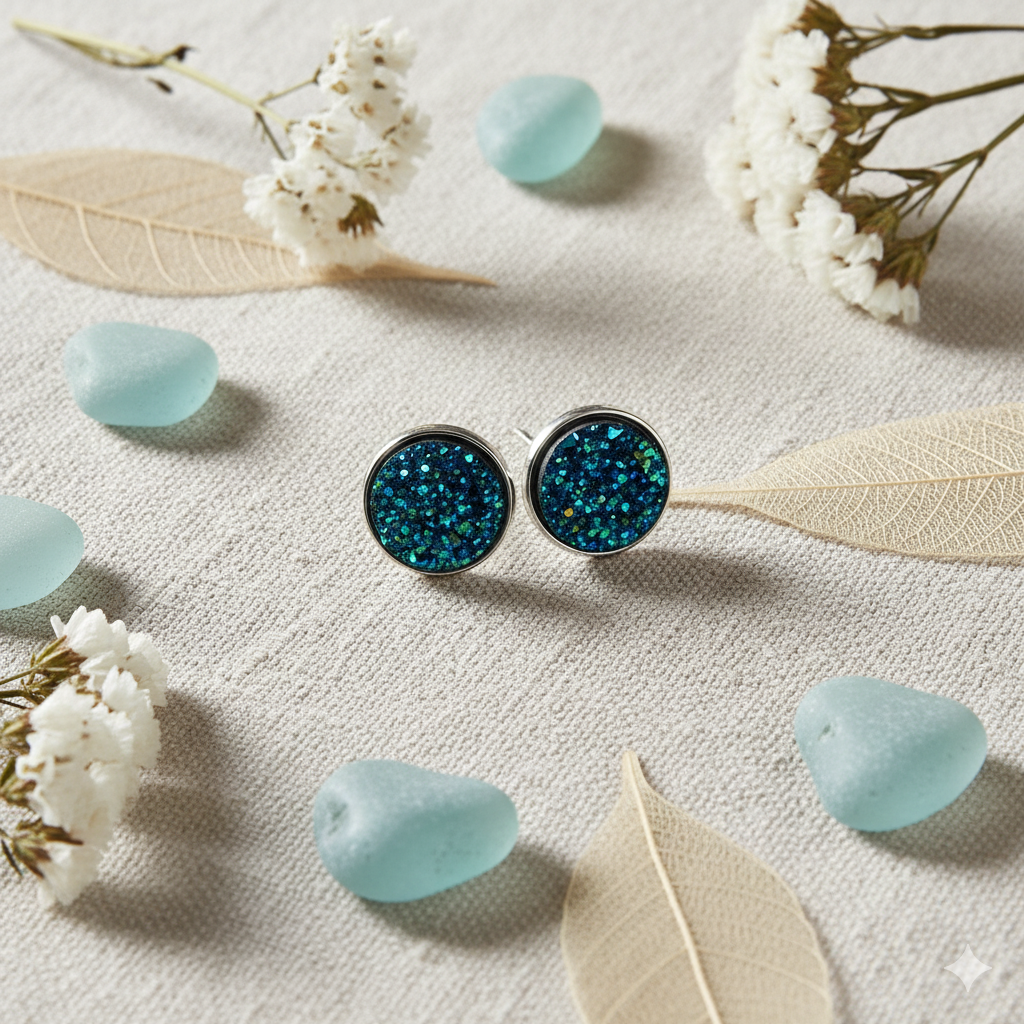Sparkly Druzy Silver Stud Earrings Lightweight Resin, Multiple Colours