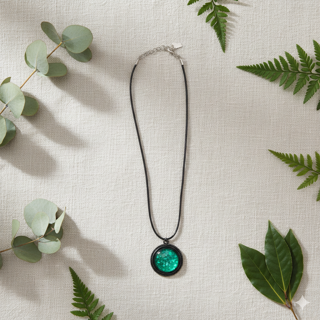 Malachite Style Resin Dome Necklace – 25mm Pendant on Black Rope Chain