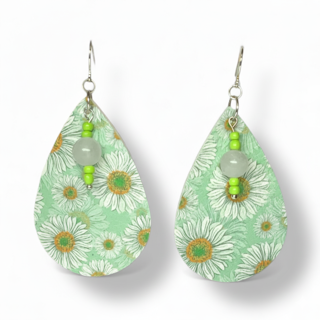 Handmade Sunflower Teardrop Earrings – Lightweight Faux Leather Dangles with Silver Hooks