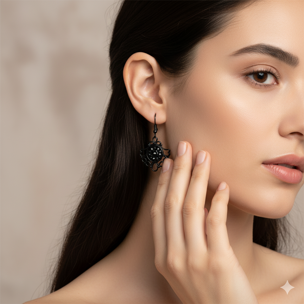 Black Filigree Dangle Earrings – Sparkly Centre, Lightweight Drop