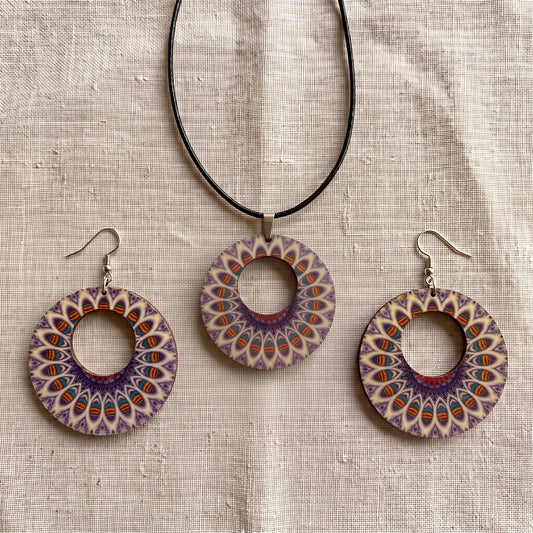Boho Wooden Necklace & Earrings Set – Style 1, Handmade Matching Printed Wood Jewellery