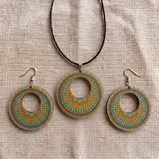 Boho Wooden Necklace & Earrings Set – Style 11, Handmade Matching Printed Wood Jewellery