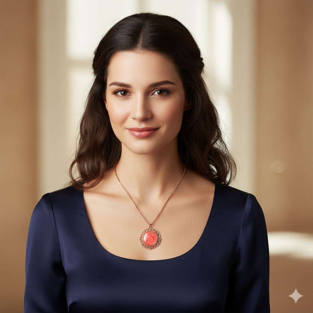 Coral Pink Glitter Dome Pendant Necklace – Rose Gold Filigree with Chain