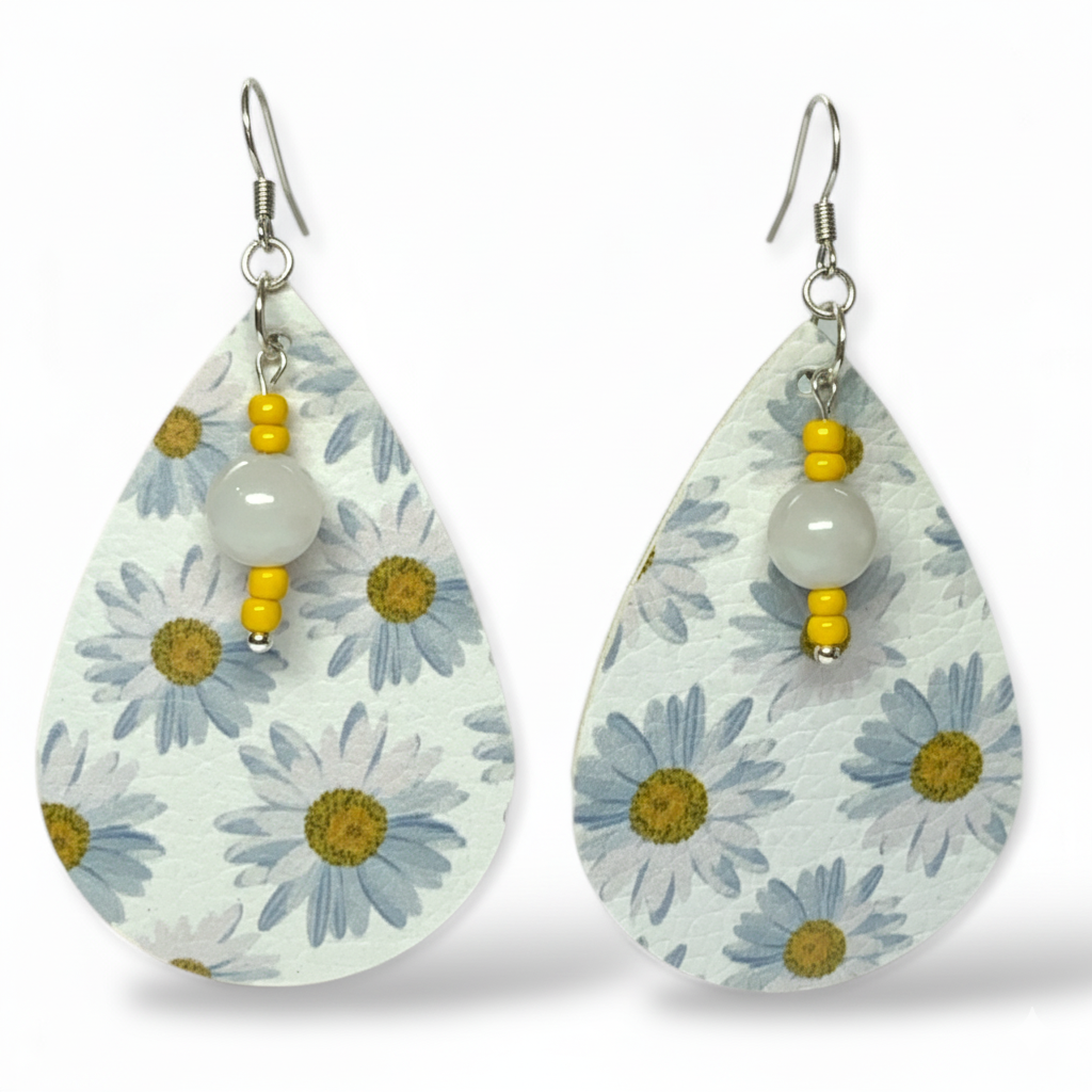 Handmade Sunflower Teardrop Earrings – Lightweight Faux Leather Dangles with Silver Hooks