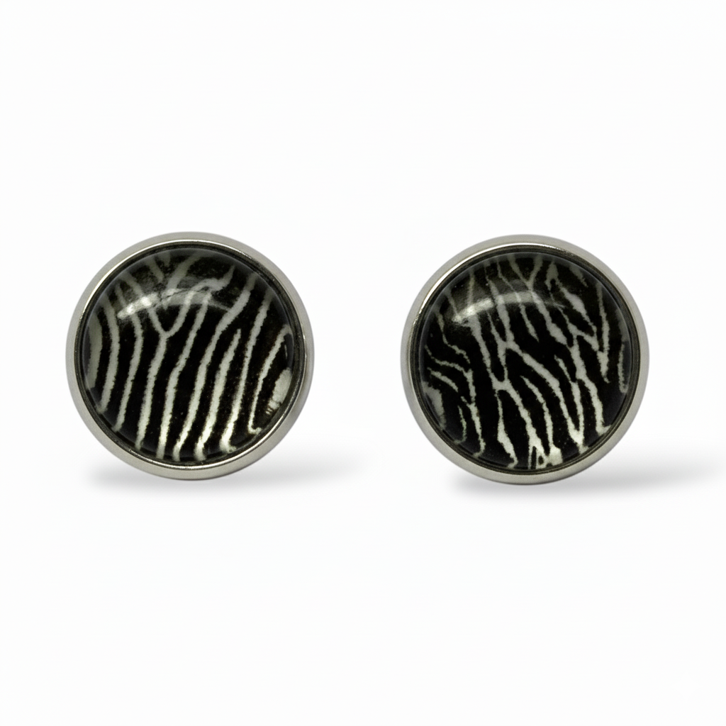 Animal Print Stud Earrings – Rhodium Plated Silver Colour, Everyday Jewellery Zebra