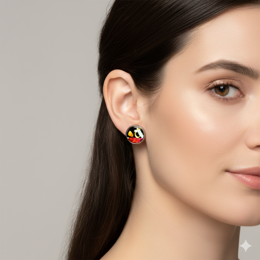 Geometric Glass Cabochon Stud Earrings 12mm | Colourful Artwork Design Silver Plated