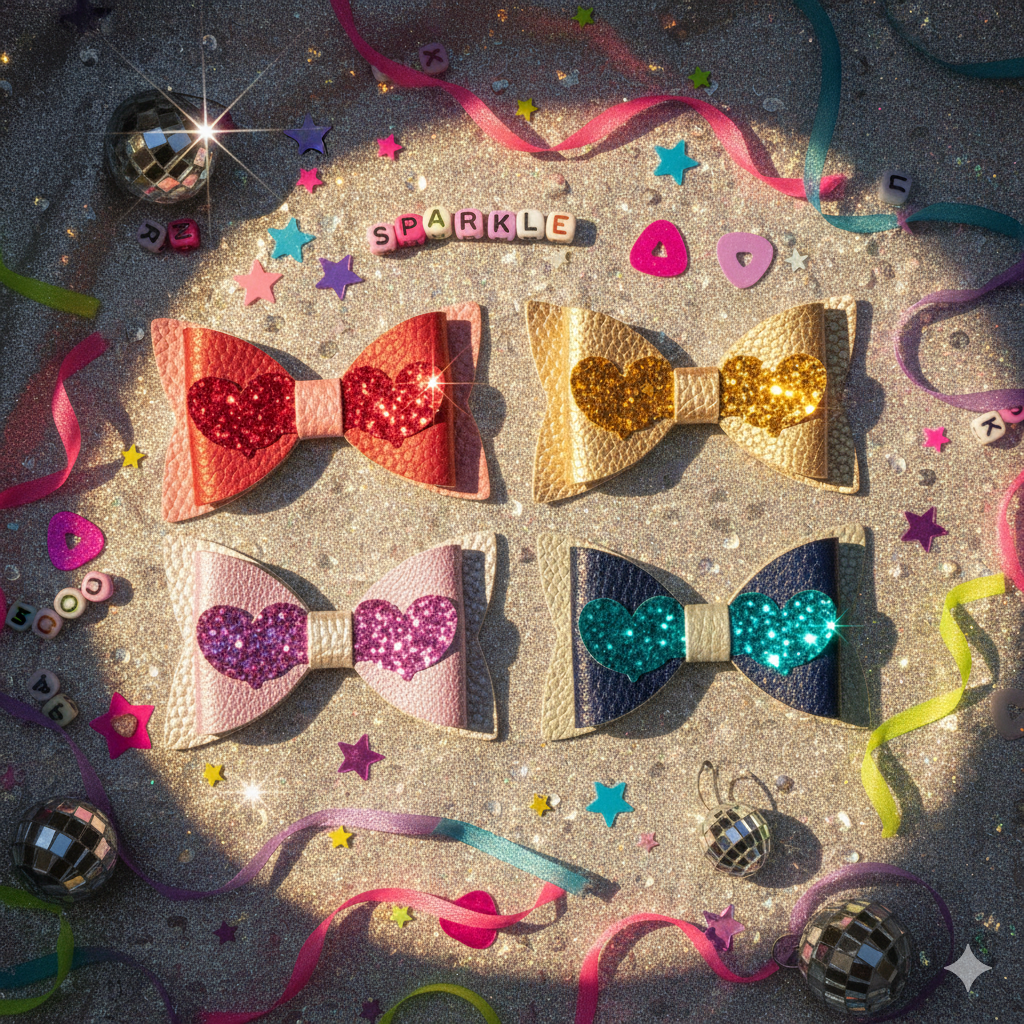 Love Heart Hair Bow PU Leather | 80mm Pebble & Glitter Design