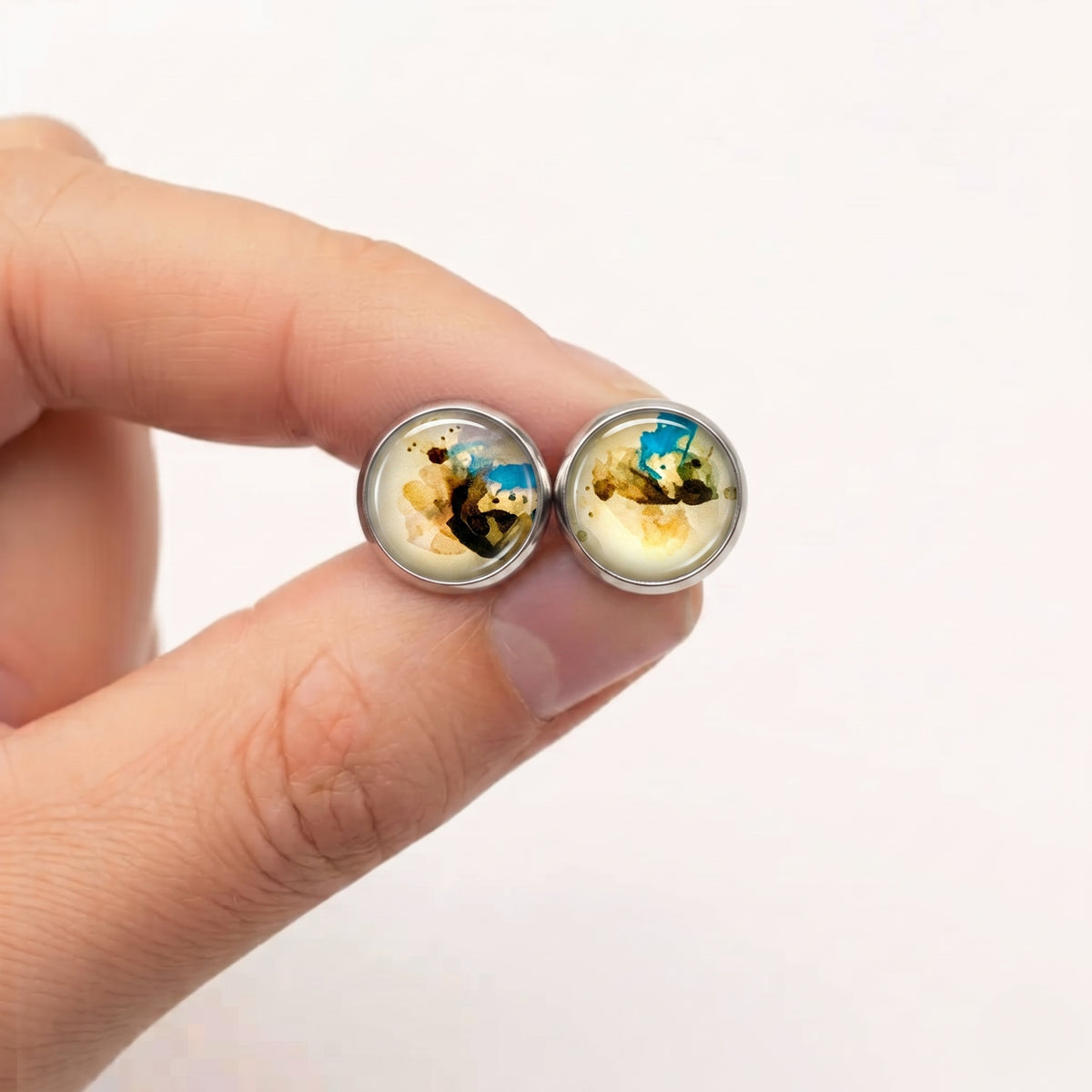 Geometric Print Stud Earrings | Colourful Glass Cabochon Studs | 12mm
