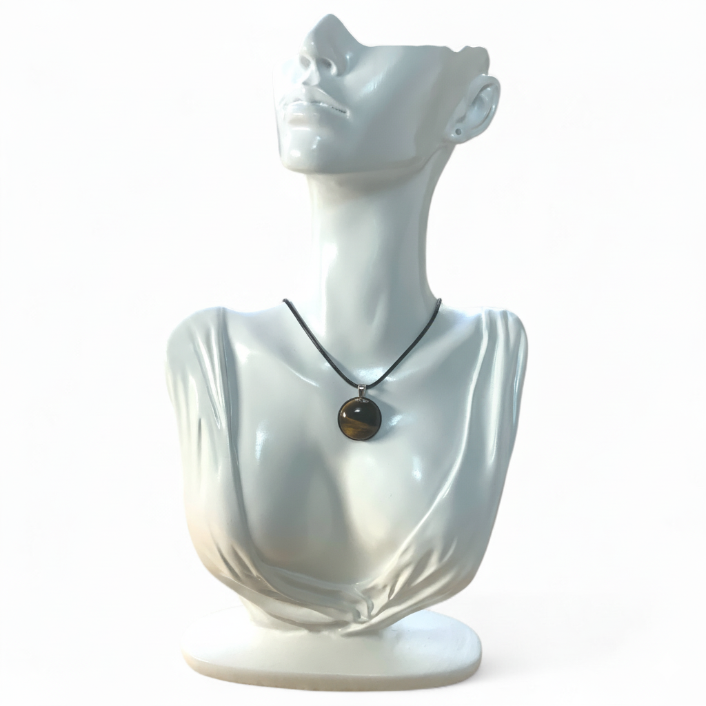 Tiger Eye Natural Stone Necklace – 20mm Brown Gem Pendant on Black Rope Chain