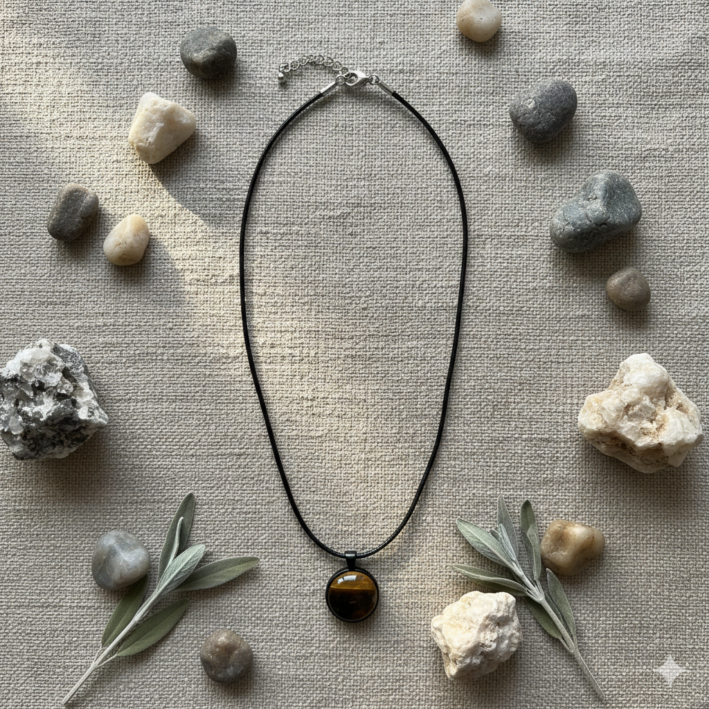 Tiger Eye Natural Stone Necklace – 20mm Brown Gem Pendant on Black Rope Chain