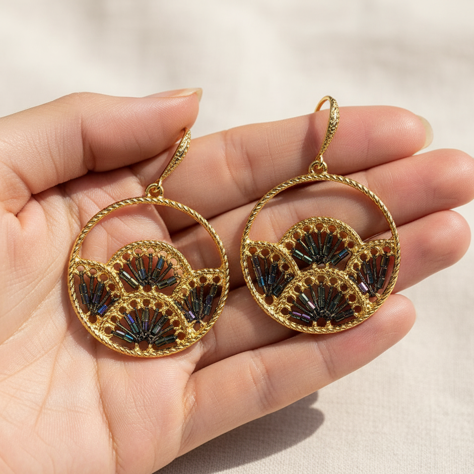 Woven Fan Earrings with Black AB Seed Beads