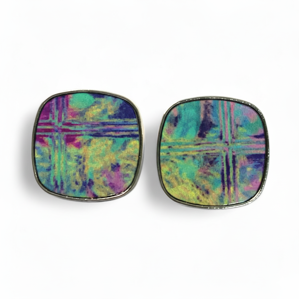 Colourful Printed Square Stud Earrings – 23mm Handmade on Stainless Steel Base
