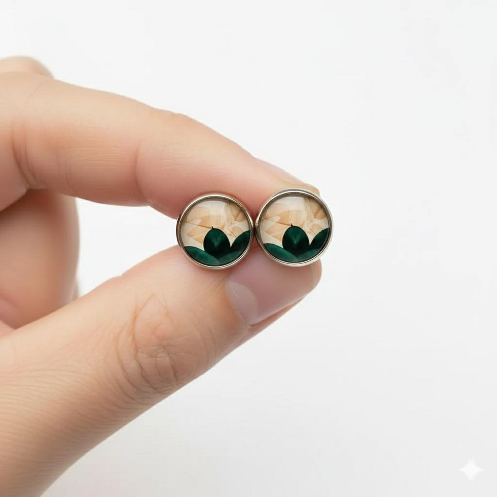 Geometric Glass Cabochon Stud Earrings 12mm | Colourful Artwork Design Silver Plated