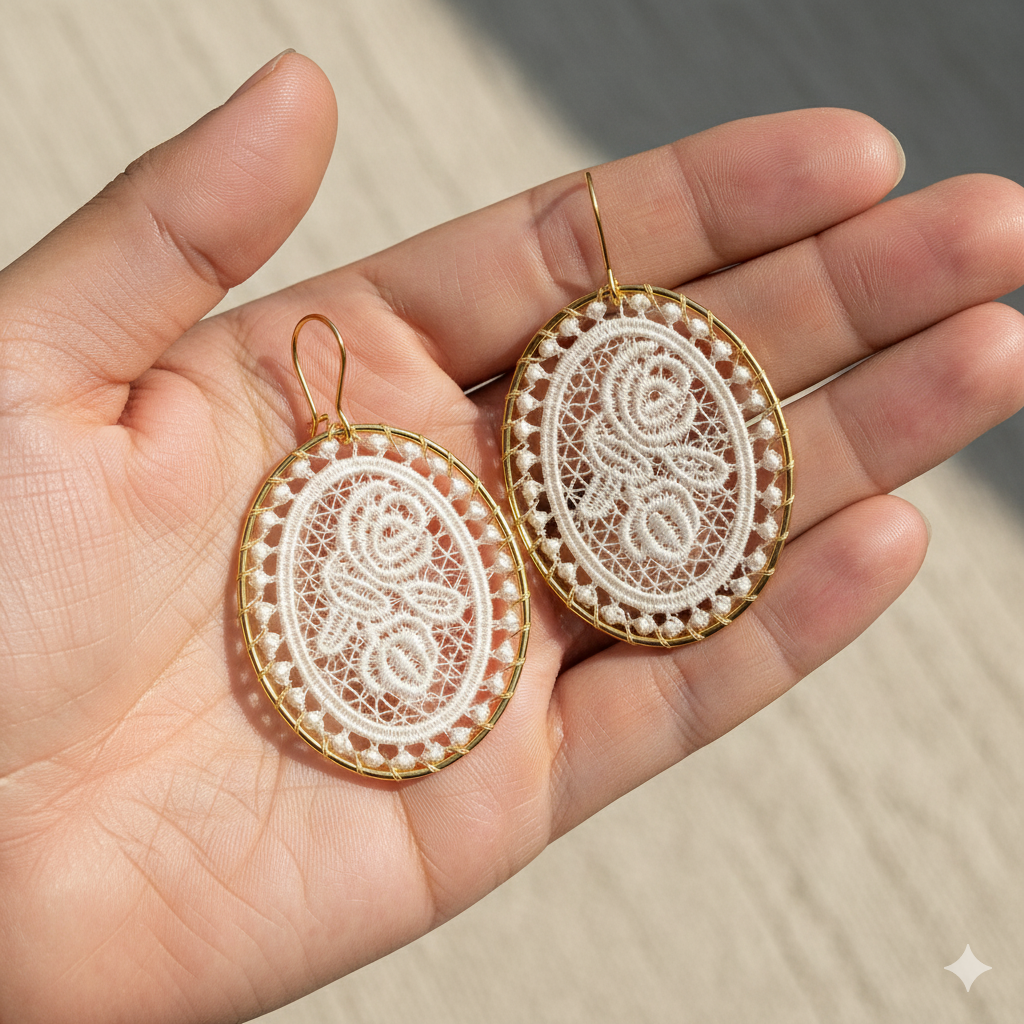 Vintage Oval Woven Lace Earrings with Floral Rose Design