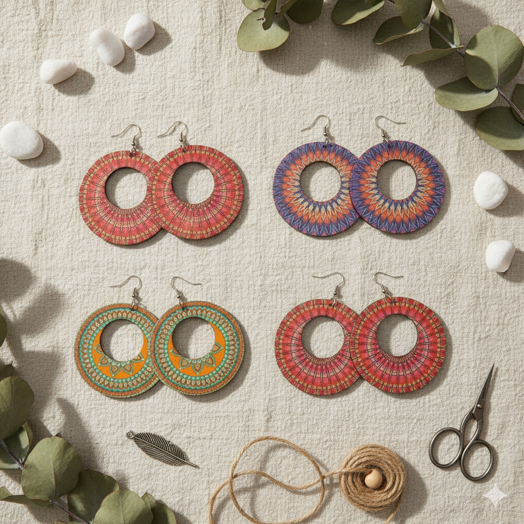 Boho Style Double Sided Wooden Earrings – Handmade Lightweight Jewellery