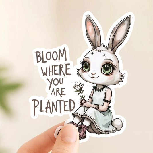 Bloom Where You Are Planted Bunny | Positive | White Gloss Vinyl | Die-Cut Sticker