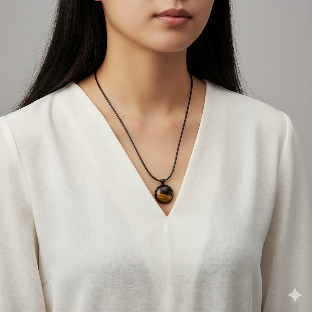 Tiger Eye Natural Stone Necklace – 20mm Brown Gem Pendant on Black Rope Chain