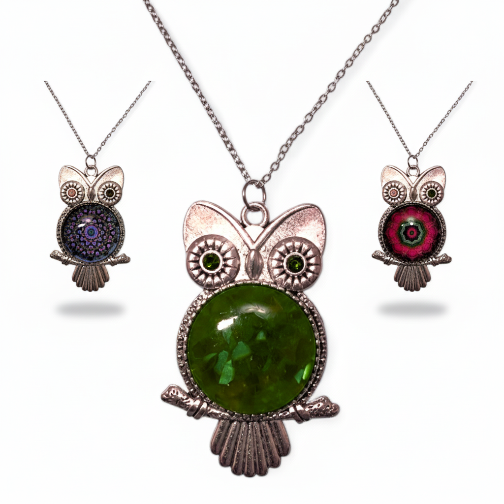 Owl Necklace – Antique Silver Rhodium Plated Pendant with Glass Dome & Rhinestone Eyes