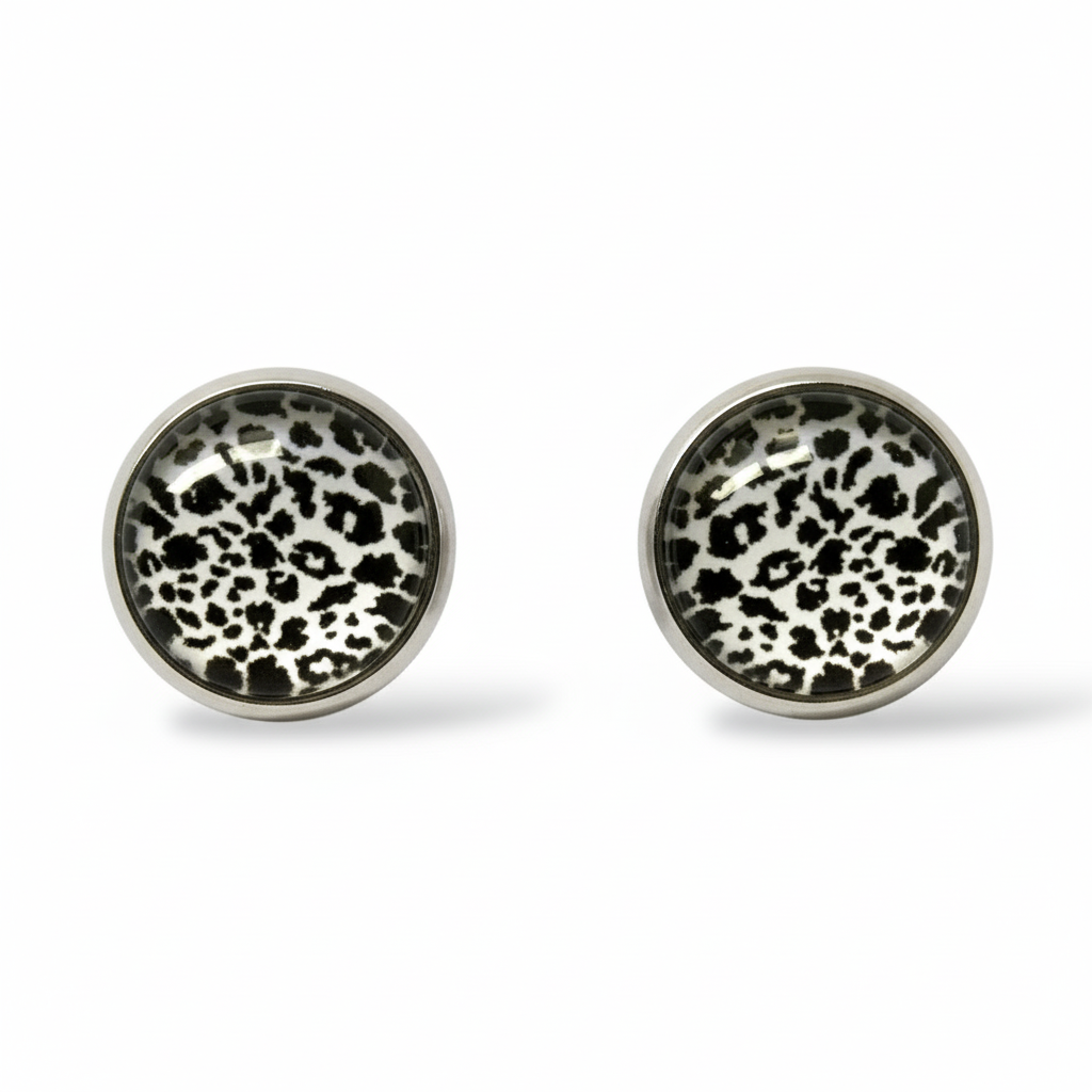 Animal Print Stud Earrings – Rhodium Plated Silver Colour, Everyday Jewellery White Snow Leopard