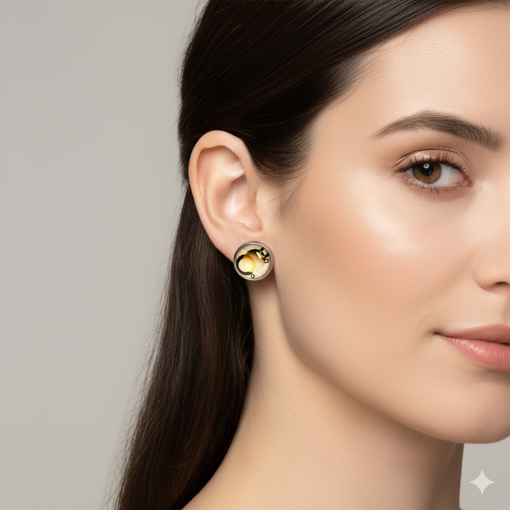 Geometric Glass Cabochon Stud Earrings 12mm | Colourful Artwork Design Silver Plated